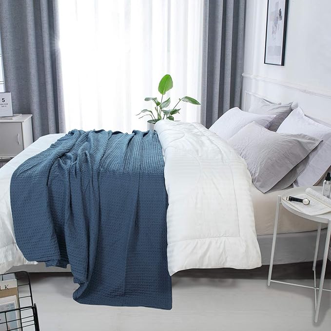HILLFAIR 100% Combed Cotton Blanket–102x108 Inch California King Size Bed Blankets– Warm Soft All Season Breathable Blankets– Extra Large Oversized California King Blanket- Navy Blue Cotton Blankets