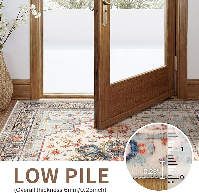 GENIMO 2X10 Runner Rugs for Entryway,Machine Washable Vintage Floor Cover Foldable Modern Non Slip Rug, Low Pile Soft Carpet Floral Print Mat for Indoor Entryway/Bathroom/Kitchen/Carpet,Sky Blue