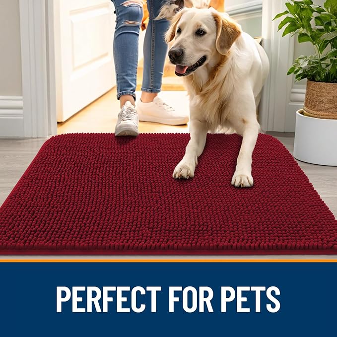 OLANLY Dog Door Mat for Muddy Paws 47x32, Absorbs Moisture and Dirt, Absorbent Non-Slip Washable Doormat, Quick Dry Chenille Mud Mat for Dogs, Entry Indoor Entryway Carpet for Inside Floor, Red