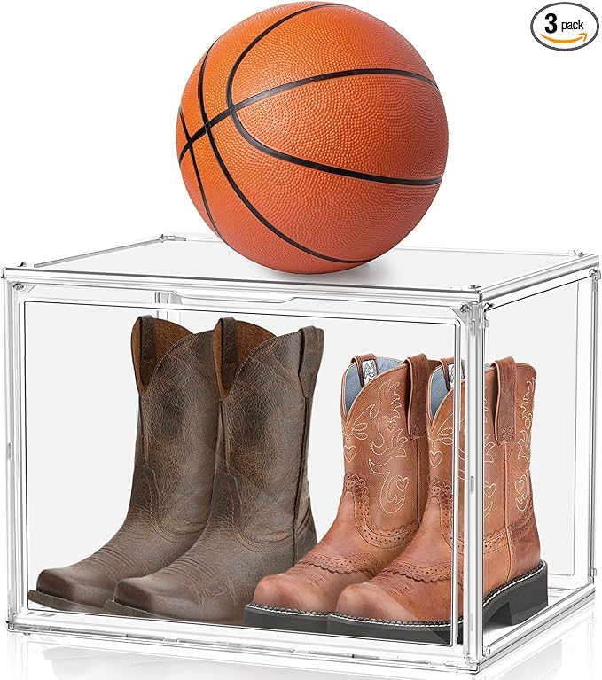 3 Pack XXX-Large Clear Display Case, 17.7''x13''x13'' Tall Boot & Shoe Box Acrylic Display Case Extra Large Figure Collectibles Showcase Clear Stackable Handbag Trophy Display Box with Magnetic Lid