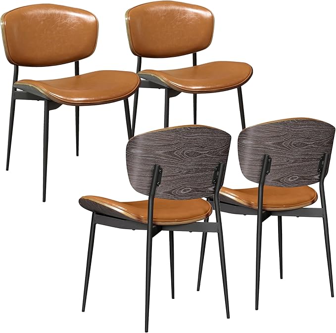 Art Leon Dining Chairs Set of 4, Gray Oak Bentwood, Mid Century Modern Dining Room Chairs, Faux Leather Upholstered Desk Chair with Black Metal Legs, Brown