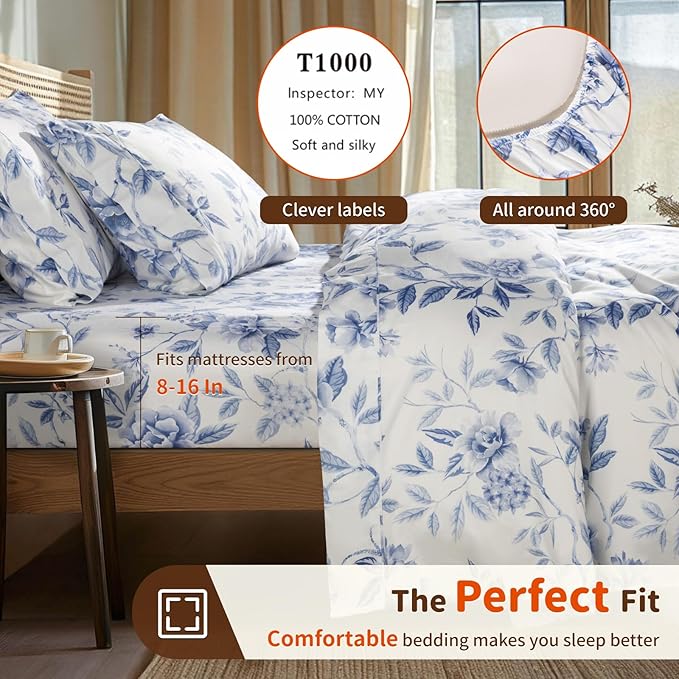 LBRO2M 1000 Thread Count Sheets 100% Egyptian Cotton Bedding Set Floral King Size Sheets 16 Inches Deep Pocket Bedding 4 Piece Sets (King, Field Flower)