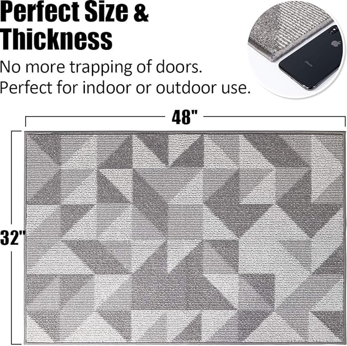 Indoor Doormat 32"x 48", Absorbent Front Back Door Mat, Rubber Backing Non Slip Floor Mats Inside Mud Dirt Trapper Outside Entrance Front Door Rug Carpet, Machine Washable Low Profile - Grey Geome
