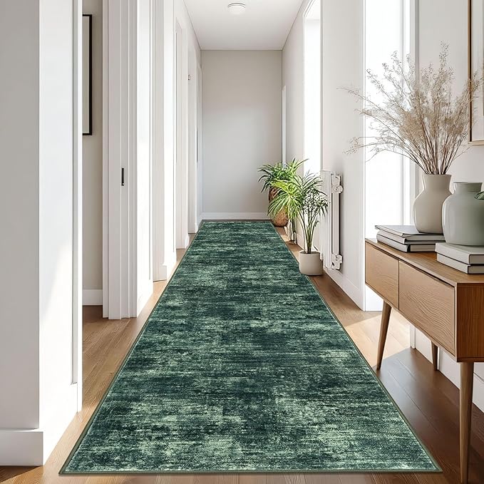 IOHOUZE Abstract Runner Rug 3x16 Ft Washable Runners for Hallways, Non Slip Kitchen Runner Printed Faux Wool Entryway Runner Indoor, Modern Abstract Floor Carpet for Hall Stair, Dark Green