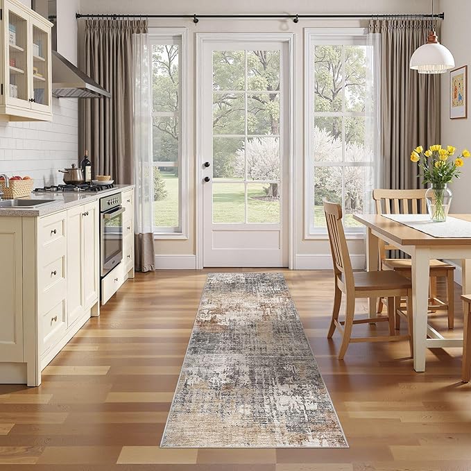 Washable Runner Rug for Hallway: 2x6 Neutral Modern Abstract Low Pile Area Rug with Non-Slip Backing - Carpet for Bedroom Kitchen Laundry Entryway Bathroom Indoor - Grey Brown