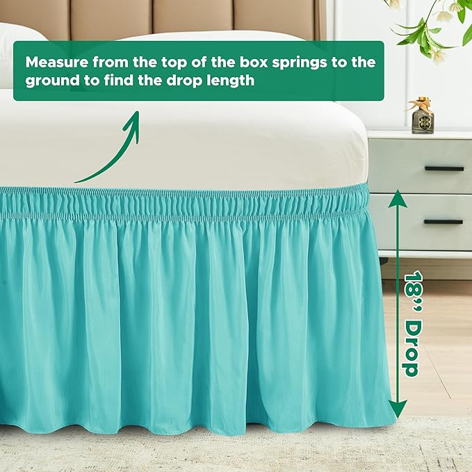 Biscaynebay Wrap Around Bed Skirts for King & Cal King Beds 18" Drop, Aqua Adjustable Elastic Dust Ruffles Easy Fit Wrinkle Resistant Silky Luxurious Fabric Machine Washable