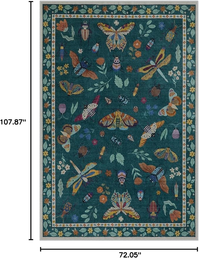 Lahome Insect Print Washable Rugs for Living Room, Soft Area Rug 6x9 Rug for Bedroom Ultra-Thin Non Slip Dining Room Rug, Stain Resistant Modern Rug Large Carpet for Office Nursery(6'x9',Dark Green)