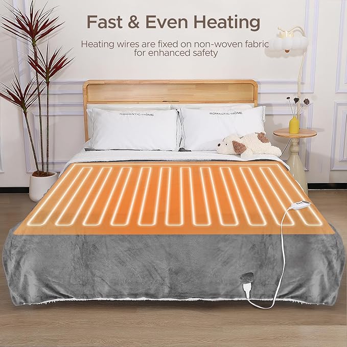 Heated Blanket 72"x84" Full Size, Dual-Sided with Soft Flannel & Sherpa Fabric, Electric Blanket with 9 Heating Levels & 2-10 Hours Auto Off, Machine Washable, Light Gray