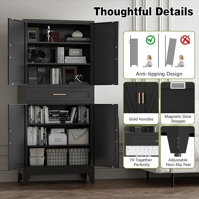 COFaR 71" Tall Metal Storage Cabinet with 4 Doors and 4 Adjustable Shelves, 6-Tier Farmhouse Storage Cabinet with Drawers and Legs, for Office, Home, Garage, Gym, School, Living Room, Hallway（Black）