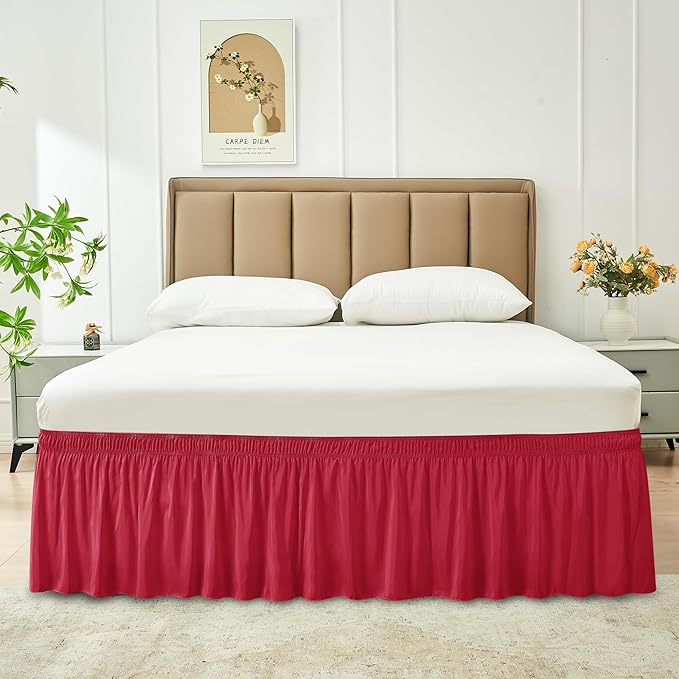 Biscaynebay Wrap Around Bed Skirts for Queen Size Beds 18" Drop, Red Adjustable Elastic Dust Ruffles Easy Fit Wrinkle Resistant Silky Luxurious Fabric Machine Washable