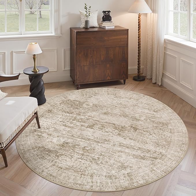 5x5 Brown Round Rug 5ft Living Room Circle Rug Vintage Round Area Rug Non Slip Indoor Carpet for Entryway Dining Room Bedroom