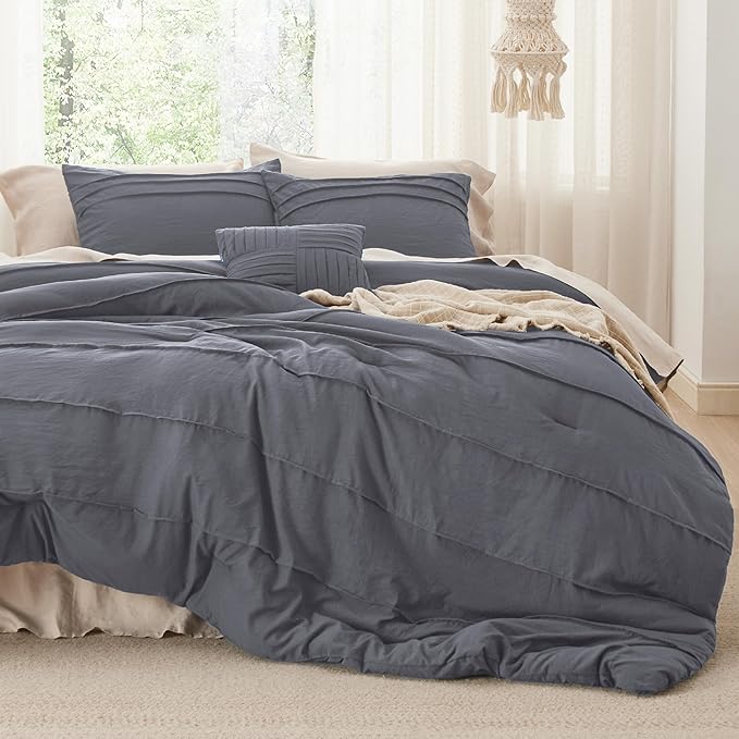 Bedsure King Comforter Set - 4 Pieces Pinch Pleat Bed Set, Dark Grey Boho Bedding for All Season, 1 Soft Comforter, 2 Pillowcases, 1 Decorative Pillow