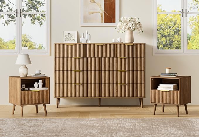 LYNSOM Fluted Dresser and Nightstand Sets 3 Piece, 9-Drawers Dresser and 1-Drawer Nightstands Set of 2, Wood Bedroom Furniture Set for Home, Bedroom, Hallway, Walnut