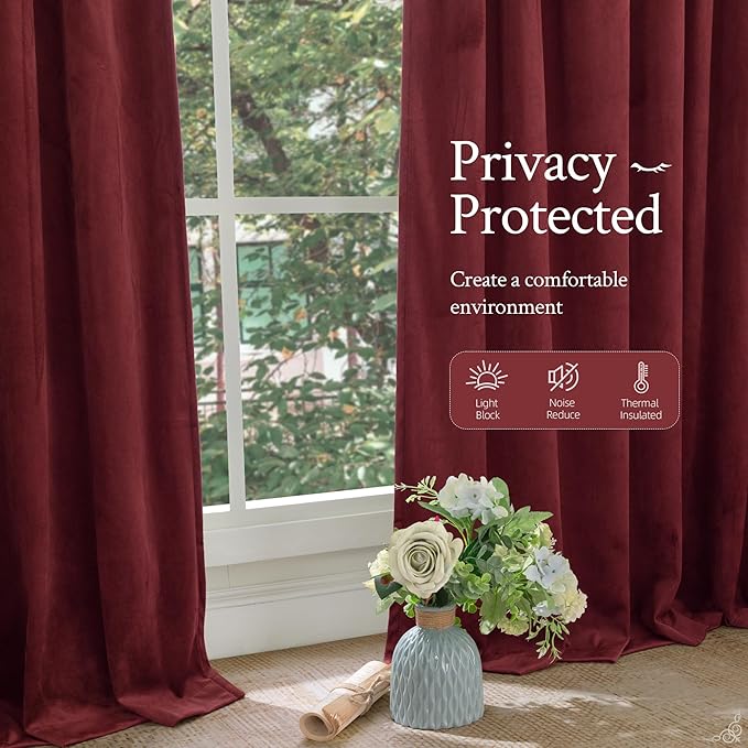 LAMIT Burgundy Red Velvet Curtains 108 Inch for Living Room, Vintage Thermal Insulated Theater Panels Room Darkening Back Tab and Rod Pocket Christmas Drapes for Bedroom, 2 Panels, 52 x 108 Inch