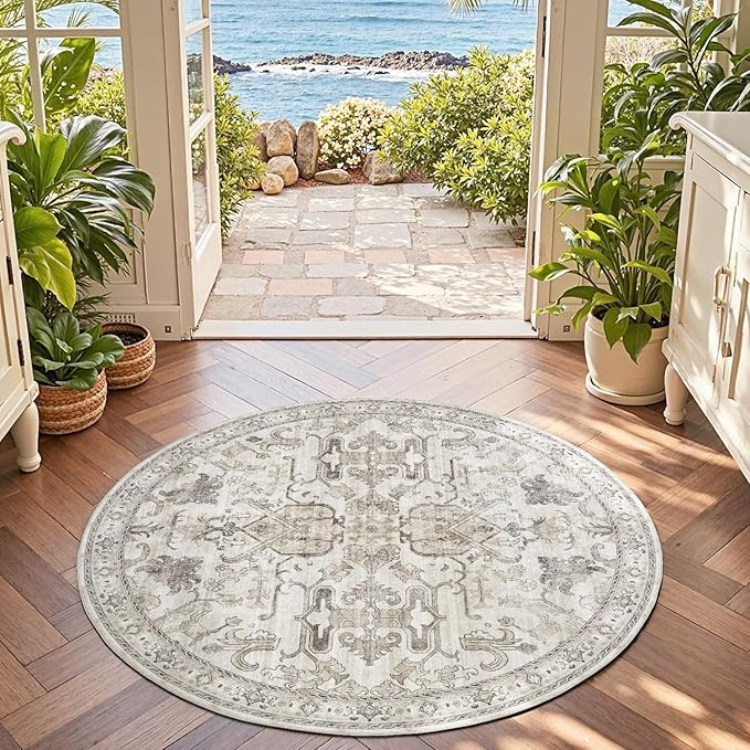 jinchan Round Rug 4ft Area Rug Indoor Vintage Floral Circle 4' Washable Ultra-Thin Low Pile Soft Small Non Slip Distressed Print for Living Room Dining Room Bedroom Entryway Taupe