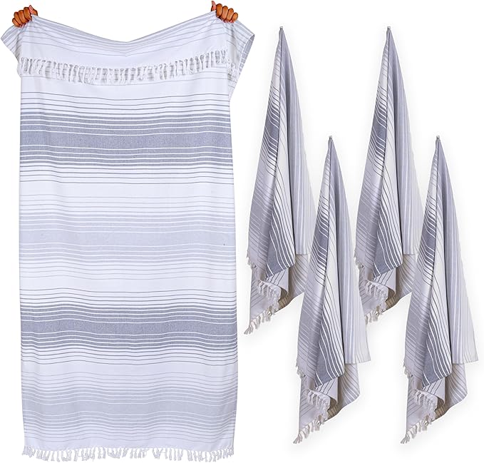Native Fab Oversized Beach Towel, 4 Pack, 40x71 inches 100% Cotton Turkish Peshtemal for Adults,Soft & Absorbent, Extra Large Beach Towel for Hammam Spa Beach Blanket Bath, Cabana Strips, Grey White