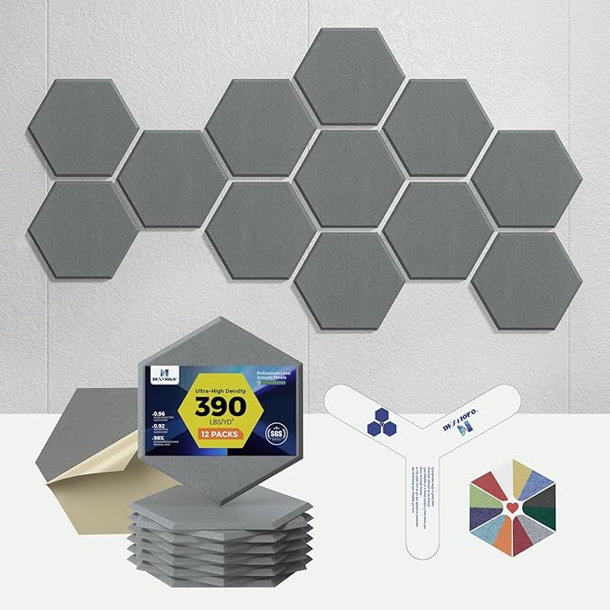 Pro-Level Self Adhesive Acoustic Panels,2nd Generation Sound Absorbing Panel,Soundproof Wall Panels,Sound Dampening Panels,Polyester Foam Reducing Noise and Echoes,Moonlight Grey (HEXAGON 07)