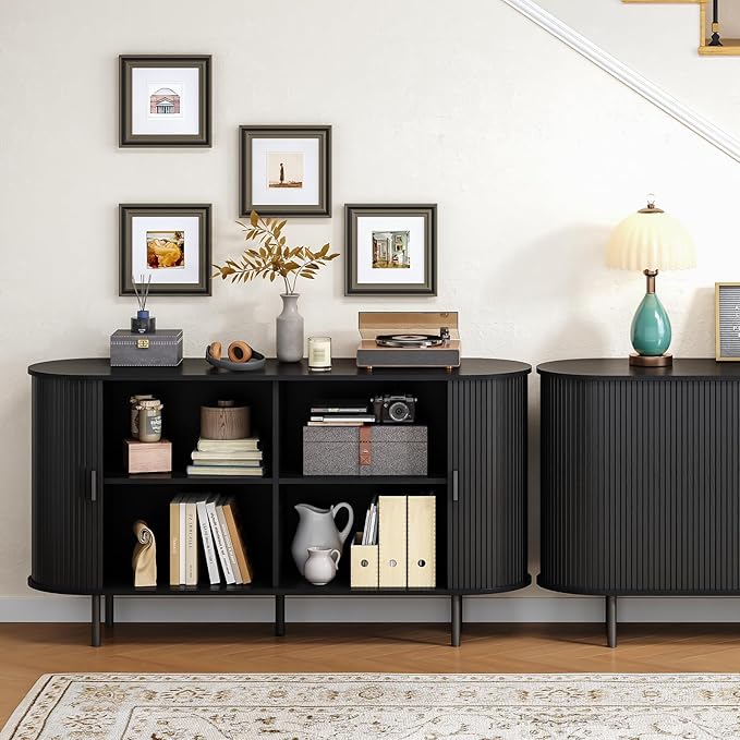 Buffet Cabinet with Storage, Fluted Sideboard Buffet with Sliding Door, Coffee Bar Cabinet with Adjustable Shelf, Console Table, Accent Table for Entryway, Kitchen (Black, 55 Inch)