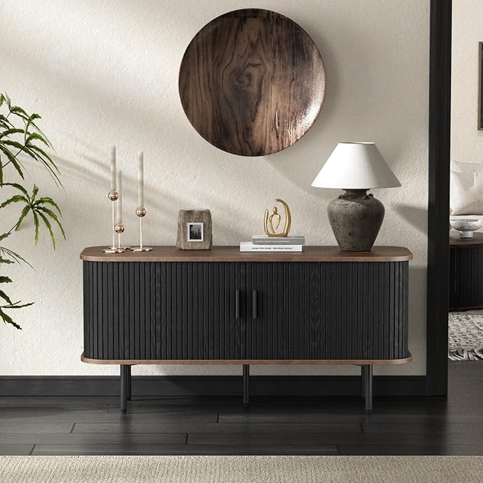 55''W Black Cabinet with Storage, Media Console, Tambour TV Stand, Television Stands with Curvy Edge; Sliding Door, Fluted Cabinet, Buffet Sideboard, Credenza, Table Stand for Living Room, Kitchen
