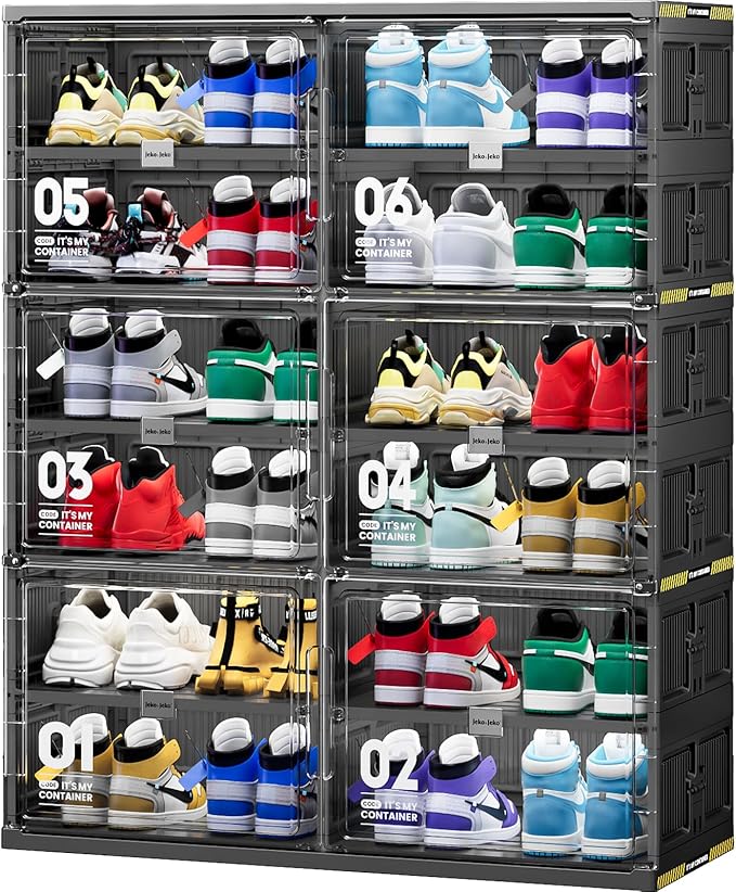 JEKO&JEKO 6-Tier Double-Column Foldable Shoe Storage Cabinet with Magnetic Doors, Large Collapsible Shoe Rack Organizer for Entryway, Fits Up to 24 Pairs, Black