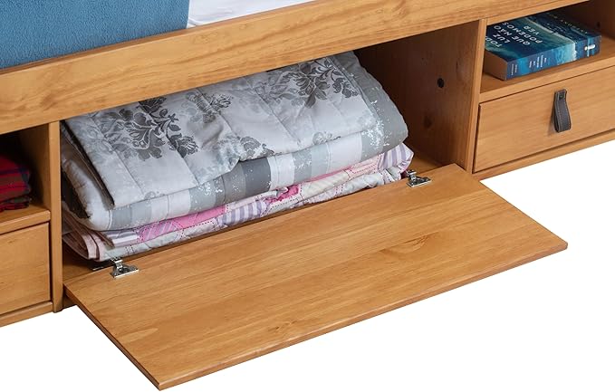 memomad Bali Slim Set: Storage Platform Bed with Drawers + Flat Panel Headboard (Queen Size, Oak Brown Wood)
