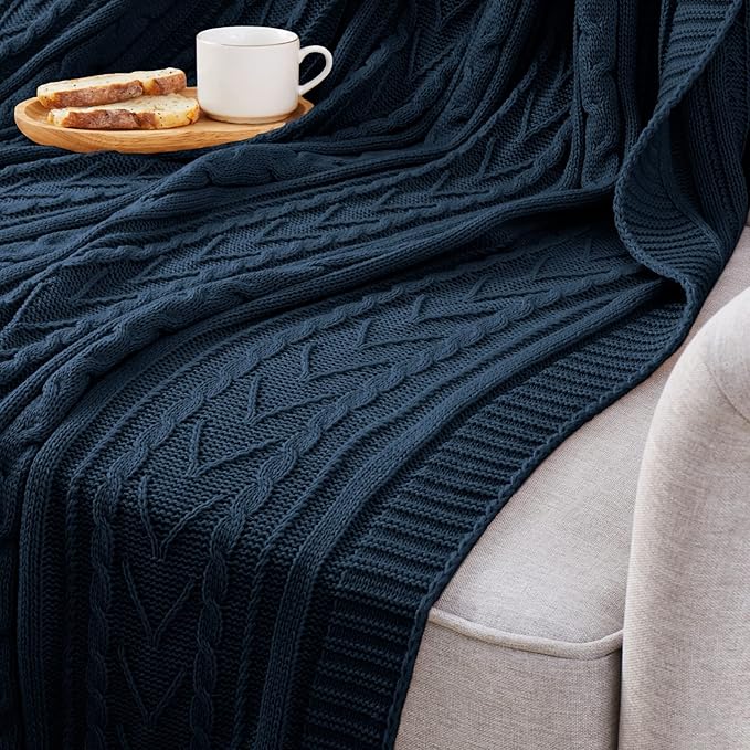 Aormenzy Navy Blue Cable Knit Throw Blankets for Couch Bed Sofa, Acrylic Knitted Blanket, Soft Cozy Throw Blanket, 50" x 60"