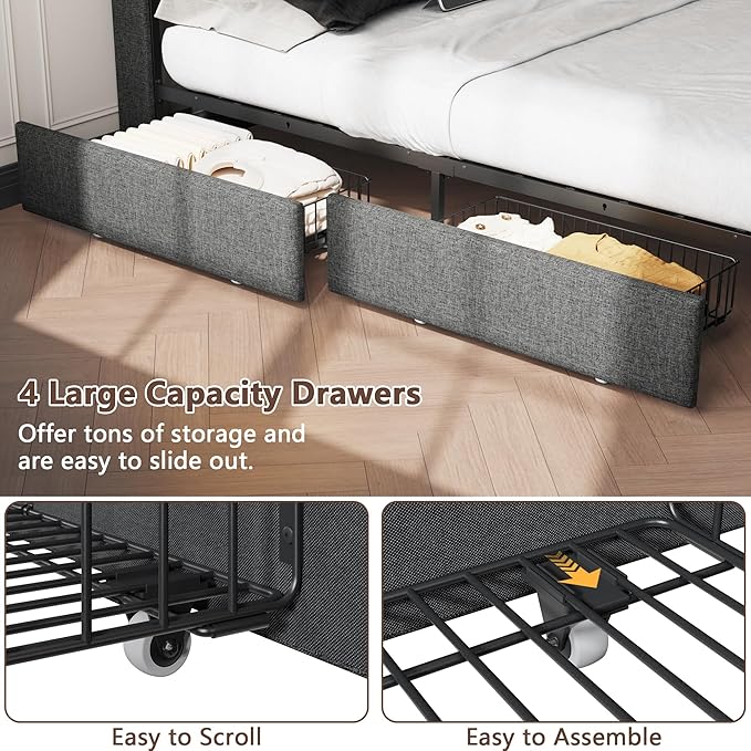 Forestell Queen Bed Frame with Headboard, Grey Upholstered Platform Bed with 4 Storage Drawers, Built-in LED Lights & Charging Station, Metal Slats Support, No Box Spring Needed, Cama Queen Size