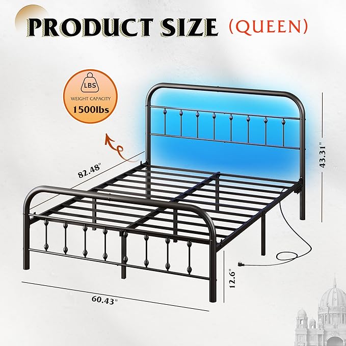 WLIVE Metal Platform Bed Frame, Queen Bed Frame with Headboard, Bed Frames with LED Lights and Charging Station, 1500LBS Mattress Foundation, Under Bed Storage, No Box Spring Needed, Black