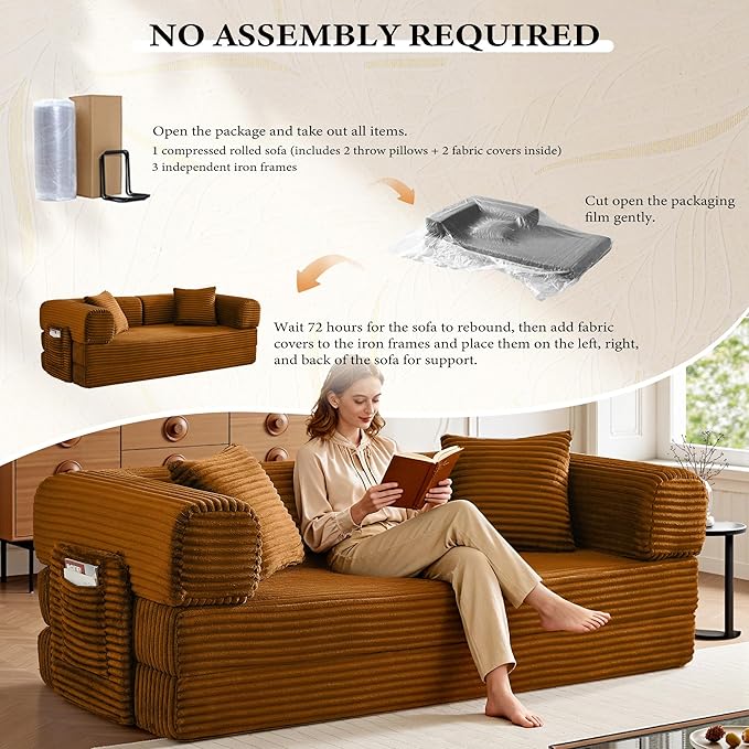 Boneless Couch Folding Couches for Living Room Sofa, Futon Sofa Bed with Sleeper Sofa, Futon Couch with Fixed-Shape Oversized Corduroy Upholstered (Orange, 81 Inches)