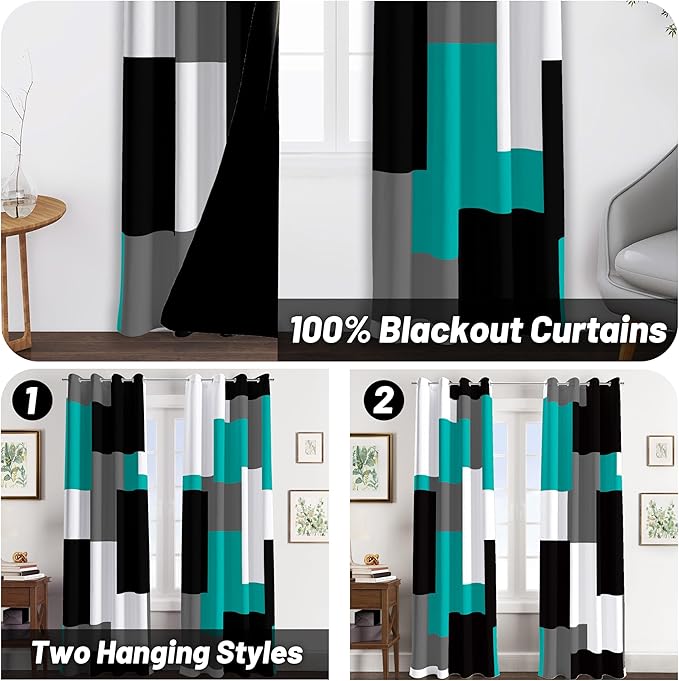 Teal/Turquoise 100% Blackout Curtains for Bedroom 63 inch Length 2 Panels Set Black White Grey Modern Abstract Geometric Black Out Curtains Room Darkening Window Drapes for Living Room, 52Wx63L