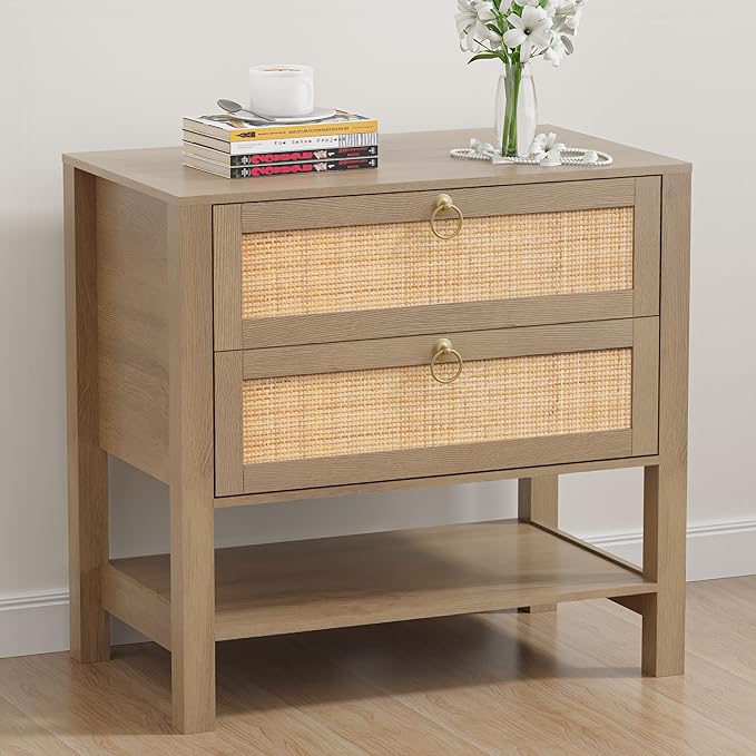 Rattan Nightstand with 2 Drawers and Storage Shelf, 26” Tall Wide Night Stand, Wood Large Bedside Table with Golden Handle for Bedroom, Side Table, Carbon Cherry