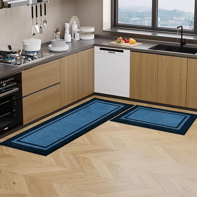 Kitchen Rugs 24" x 84", Non-Slip Machine Washable Kitchen Runner Rugs Floor Mats, Absorbent Comfort Standing Mats for Kitchen, Sink, Laundry and Hallway, Rolled Packaging, Light Blue & Navy