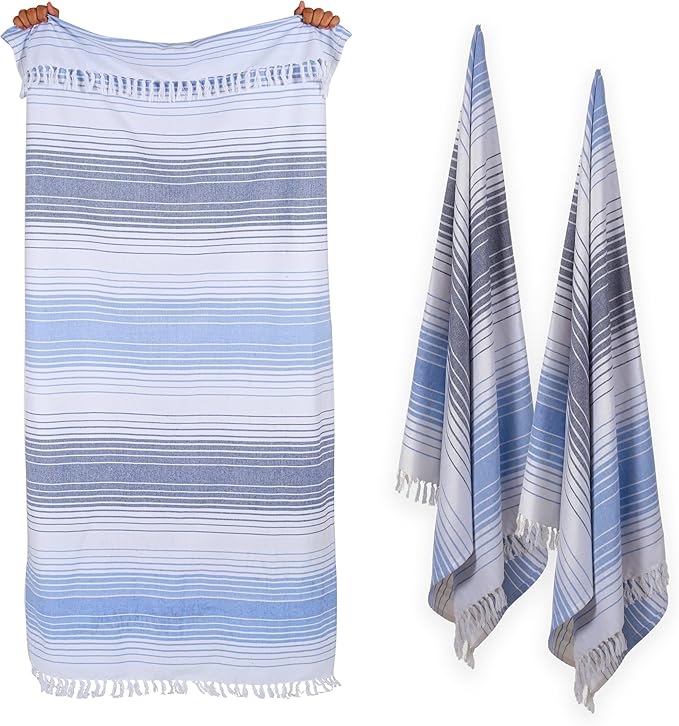 Native Fab 100% Cotton Peshtemal Turkish Bath and Beach Towels Set of 2, Large 40x71 Travel Sarong Gym Pool Spa Towels, Ultra Soft Quick Dry Absorbent Fouta Hammam Peshtemal Towels Navy Blue