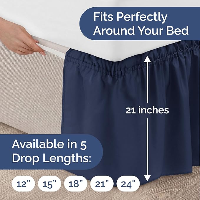 Wrap Around Dust Ruffle Bed Skirt - Navy Blue - for Queen Size Beds with 21 Inch Drop - Elastic Strap - Adjustable Pleated Bedskirt with Brushed Fabric and Wrinkle Free - for Women, Men, Kids & Teens