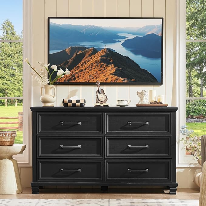 Farmhouse Black 6 Drawer Dresser for Bedroom, 54 inch Wide Vintage Large Chest of Drawers with Square Wood Legs, Rustic TV Console for Living Room, Wooden Storage Closet Dressers for Home