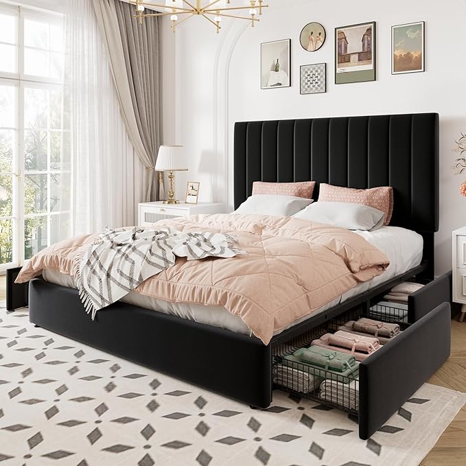 Allewie Queen Size Storage Bed Frame, Vertical Channel Tufted Adjustable Headboard, Velvet Upholstered Platform Bed with 4 Oversized Underbed Drawers, Wooden Slats Support, No Box Spring Needed, Black