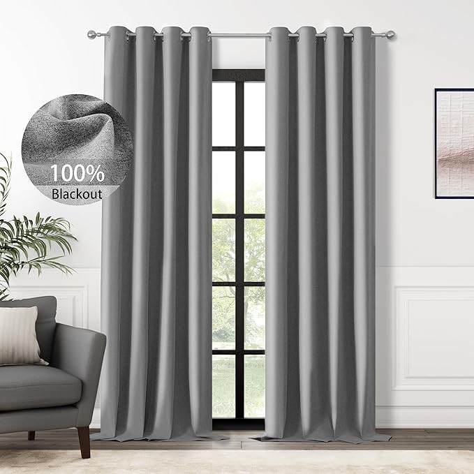 ChrisDowa 100% Blackout Grey Solid Curtains 108 Inches Long 2 Panels for Bedroom Living Room,Farmhouse Room Darkening Thermal Insulated Soundproof Grommet Top Window Treatment Drapes,52x108