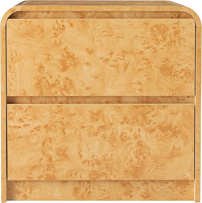 2 Drawer Farmhouse Nightstand with Rounded Edge, Modern Dresser Mid Century Side Table for Bedroom, Burl Finish, Natural