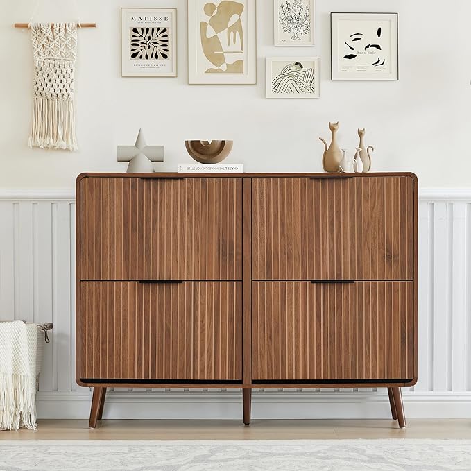 47" Fluted Large Shoe Cabinet with 4 Flip Drawers, Slim Freestanding Shoe Cabinet Organizer, Narrow Shoes Storage Rack for Entryway, 5 Sturdy Legs (All Walnut, 9.45" D x 47.24" W x 35.83" H)
