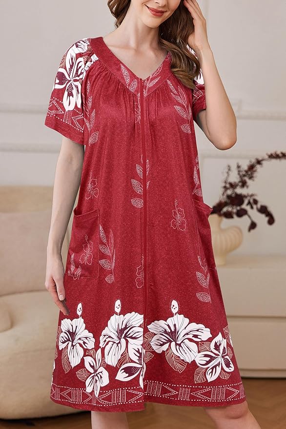 Ekouaer Women Robe Zipper Front Mumu Duster Robes Zip Up Housecoat Soft Sleepwear with Pockets S-3XL
