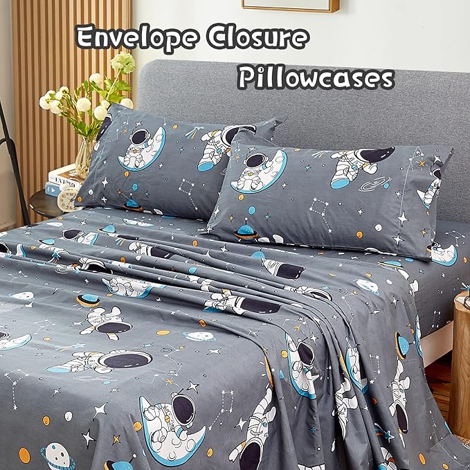 JSD Grey Astronaut Kids Sheet Set Full Size, 4 Piece Boys Space Adventure Printed Microfiber Sheets Deep Pocket