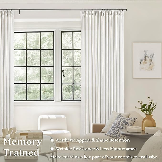Thick Linen Semi Sheer Curtains 90 Inches Long for Living Room Bedroom Light Filtering Beige Off White Textured Burlap Pinch Pleated Curtains 90 Length Hooks Rings Back Tab for Sliding Door 2 Panels