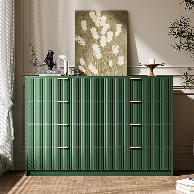Green Dresser for Bedroom, 8 Drawer Double Dresser, Modern Chest of Drawers for Bedroom, Living Room, Entryway and Closet, 55" L x 15.7" D x 37.4" H