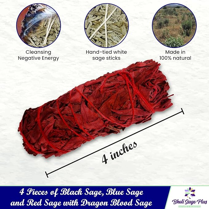 Sage Starter Kit for Cleansing Negative Energy. Variety Pack of 4 which Includes White, Black, Blue and Red Sage (Dragon Blood)