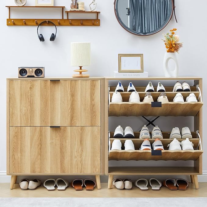 31.5” Fluted Shoe Cabinet Storage with 2 Flip Drawers,Narrow Freestanding Shoe Storage Organizer,Slim Shoe Rack Cabinet for Entryway,Hallway (Natural)
