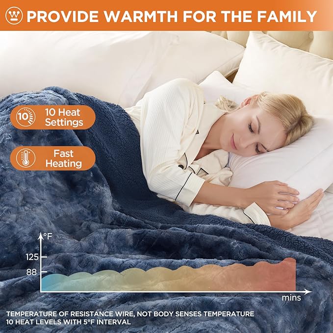 Westinghouse Electric Blanket Twin, Faux Fur Heated Blanket with 10 Heating Levels & 1-12 Hours Auto Off, Soft Cozy Sherpa Heated Blanket Washable Blanket (62" x 84" Twin Size, Indigo)