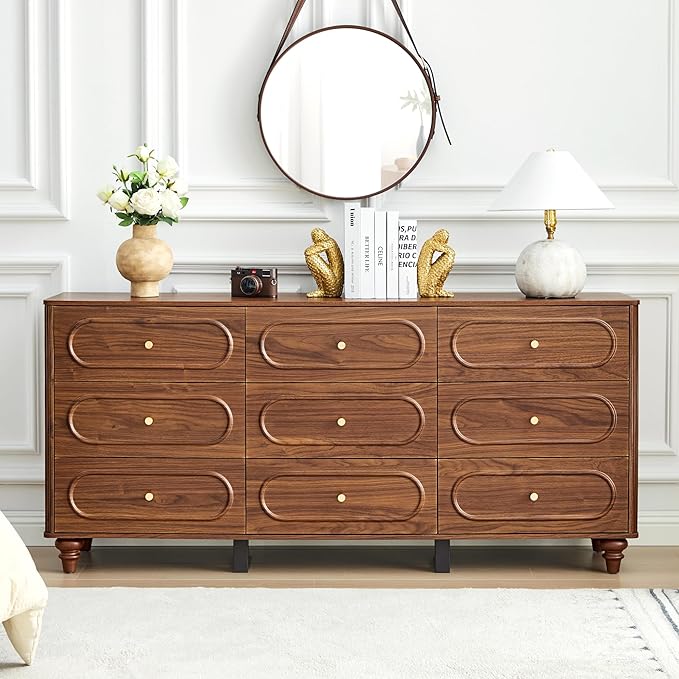9 Drawer Fluted Dresser for Bedroom, Mid Century Modern Chest of Drawers, Wood Storage Small Dresser Organizer for Bedroom Living Room Hallway Closet, Walnut