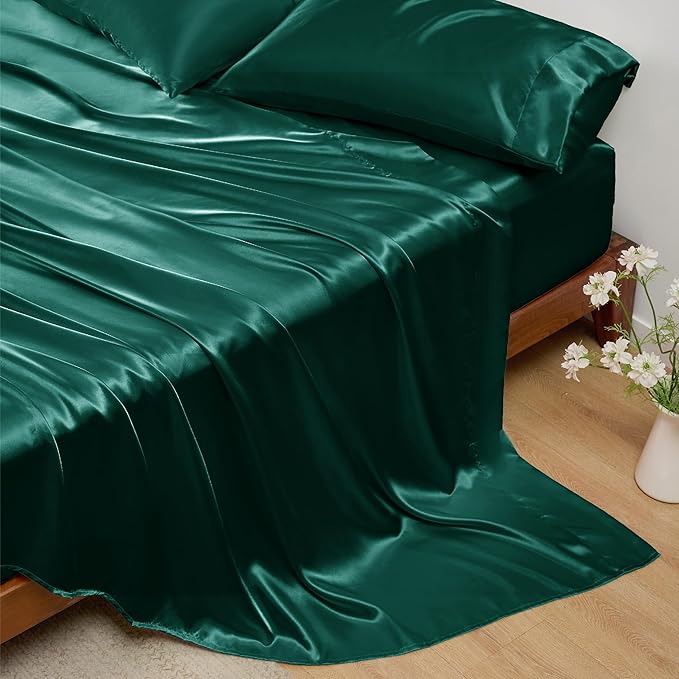 Bedsure Satin Sheets King Size - 4 Piece Silky Bedsheets with 15 Inches Deep Pocket Fitted Bedsheet,1 Flat Sheet, 2 Satin Pillowcases, Good for Hair & Skin (King, Dark Green)