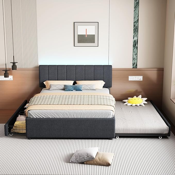 Full Size Upholstered Platform Bed with Trundle & 2 Drawers and 1 Sets of USB, Linen Fabric Full and Twin Double Bed w/LED Lights with APP for Bedroom,Dark Gray