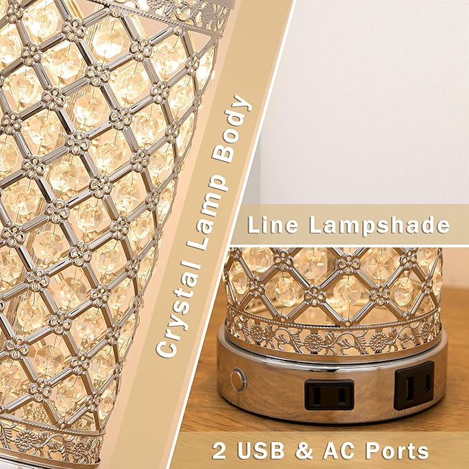 Modern Crystal Table Lamp - 24in Silver Bedroom Lamps 3-Way Dimmable Touch Lamp with Night Light, 2 USB Ports + AC Outlet, Bedside Night Stand Lamp for Living Room Office (Silver- 1 Pack 24In)